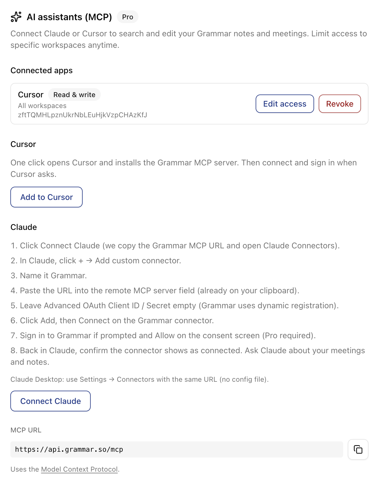Grammar MCP connect screen for Claude and Cursor