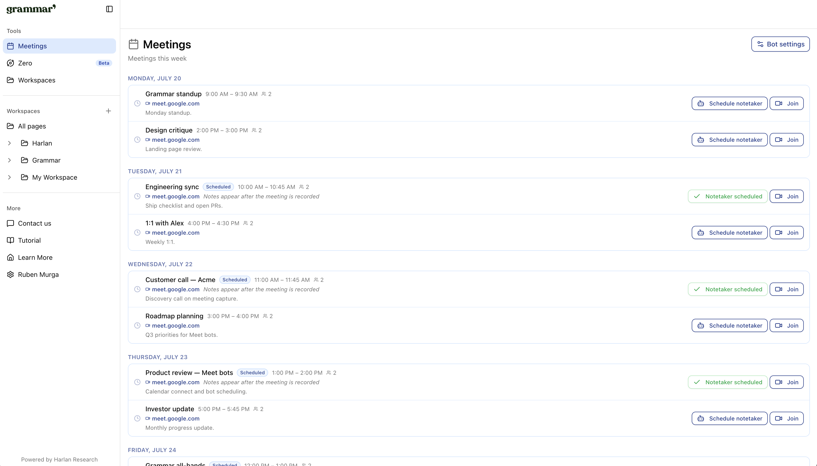 Grammar Meetings with Google Meet bots scheduled from the calendar
