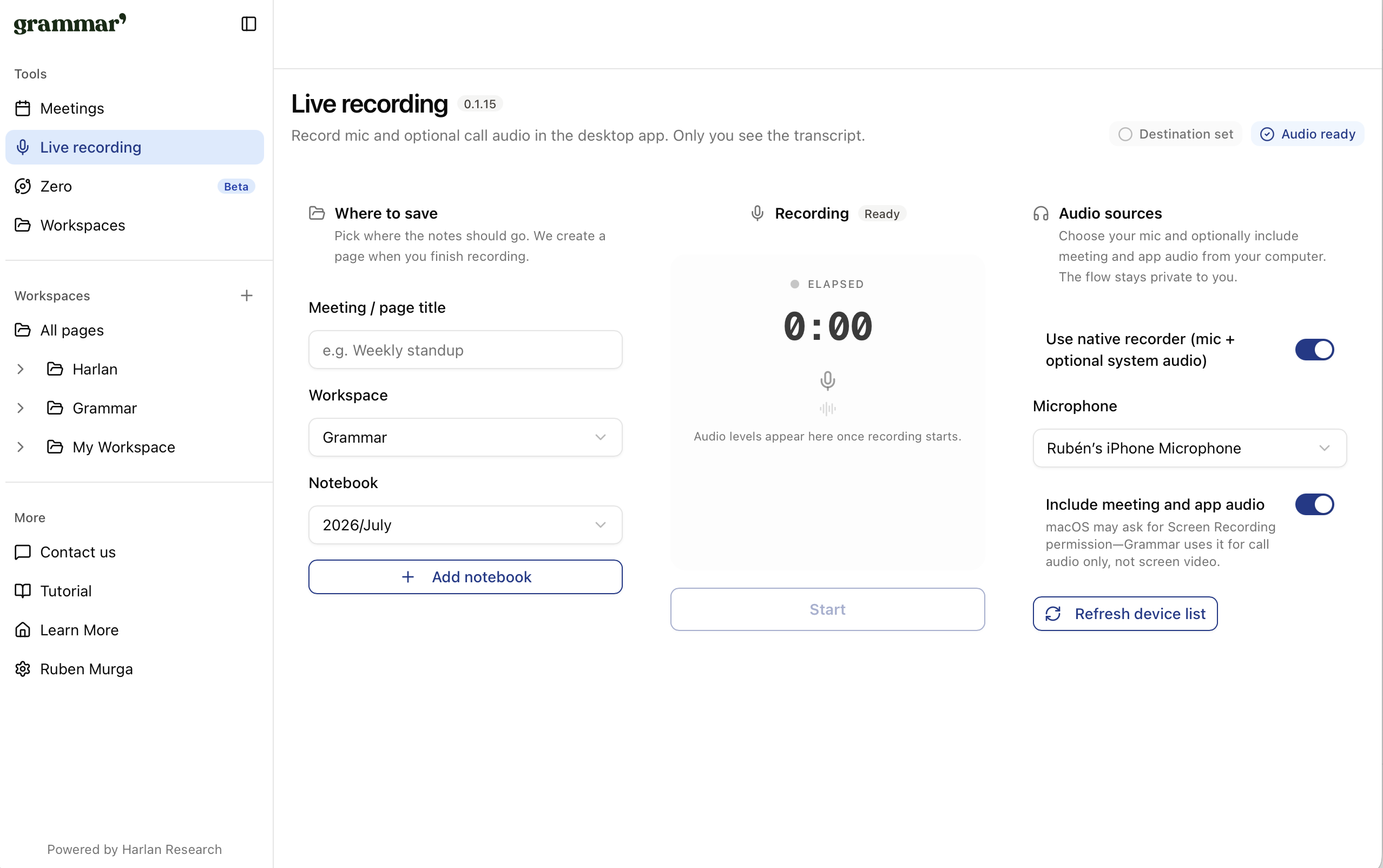 Grammar live recording on desktop