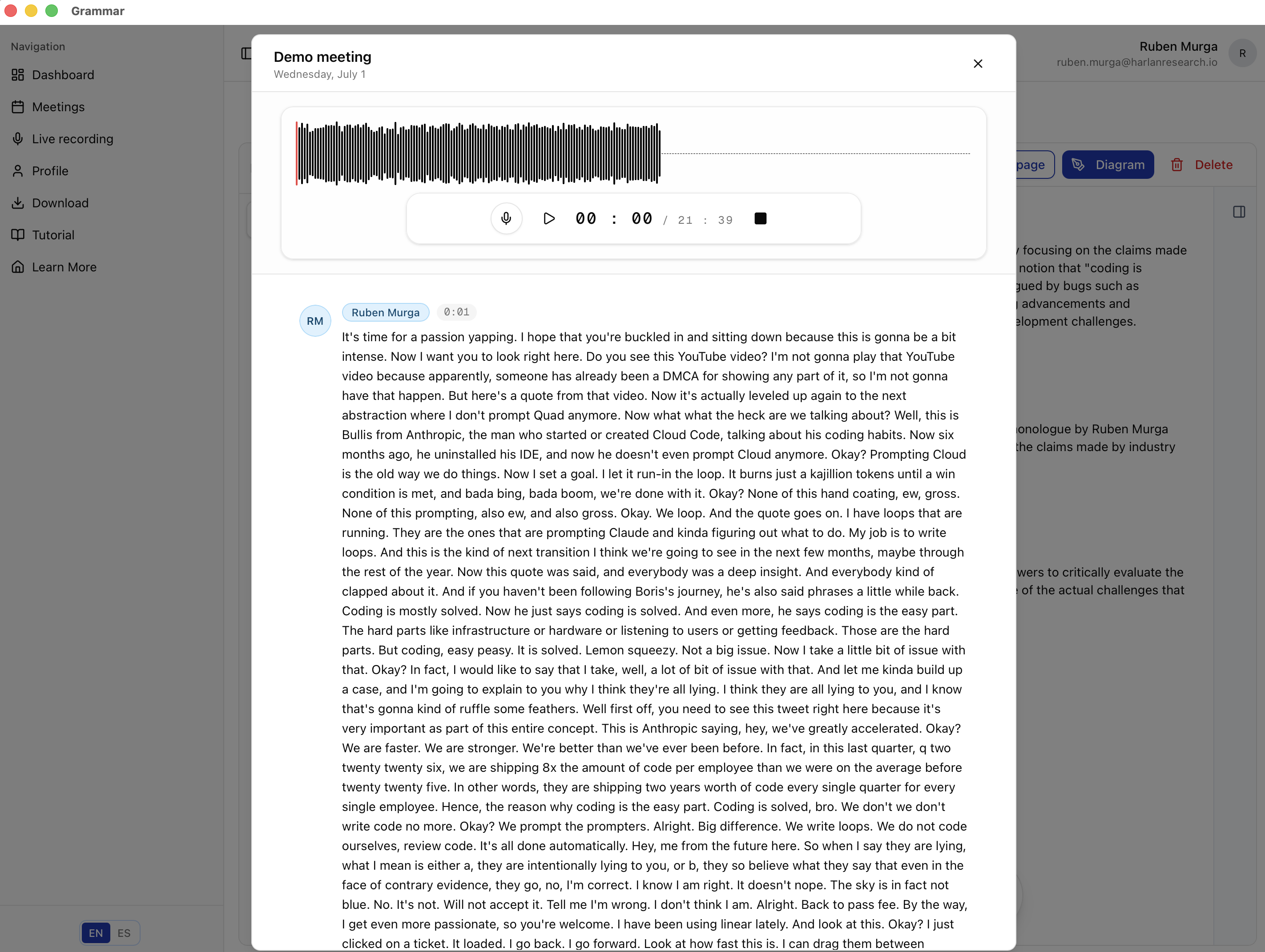 Meeting audio player and transcript in Grammar